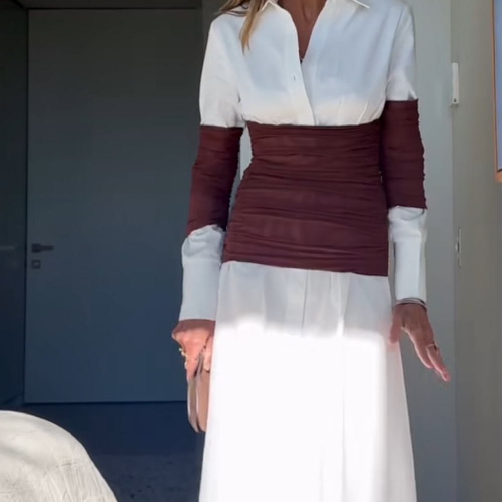 Chic Long Sleeve White and Brown Dress
